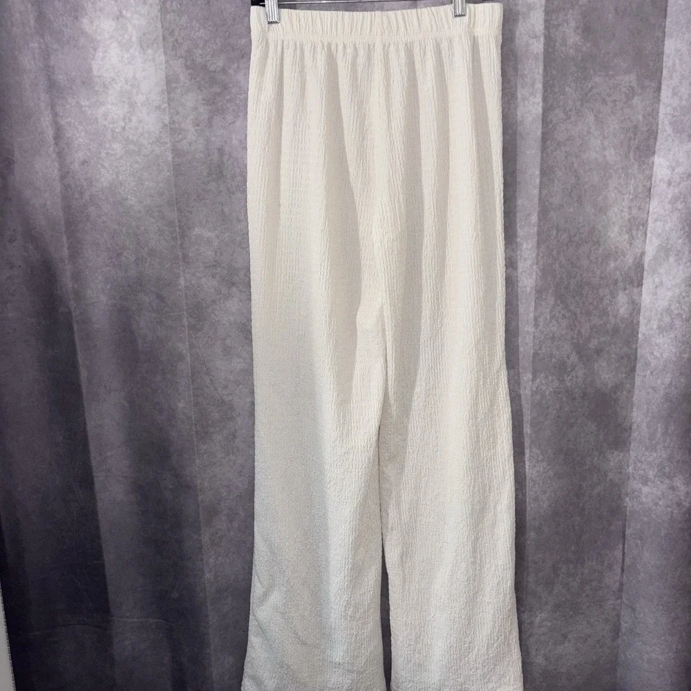 Miou Muse NEW Size Large Crinkle Cream Waist Stretch Crop Wide Leg Chic‎ Coastal